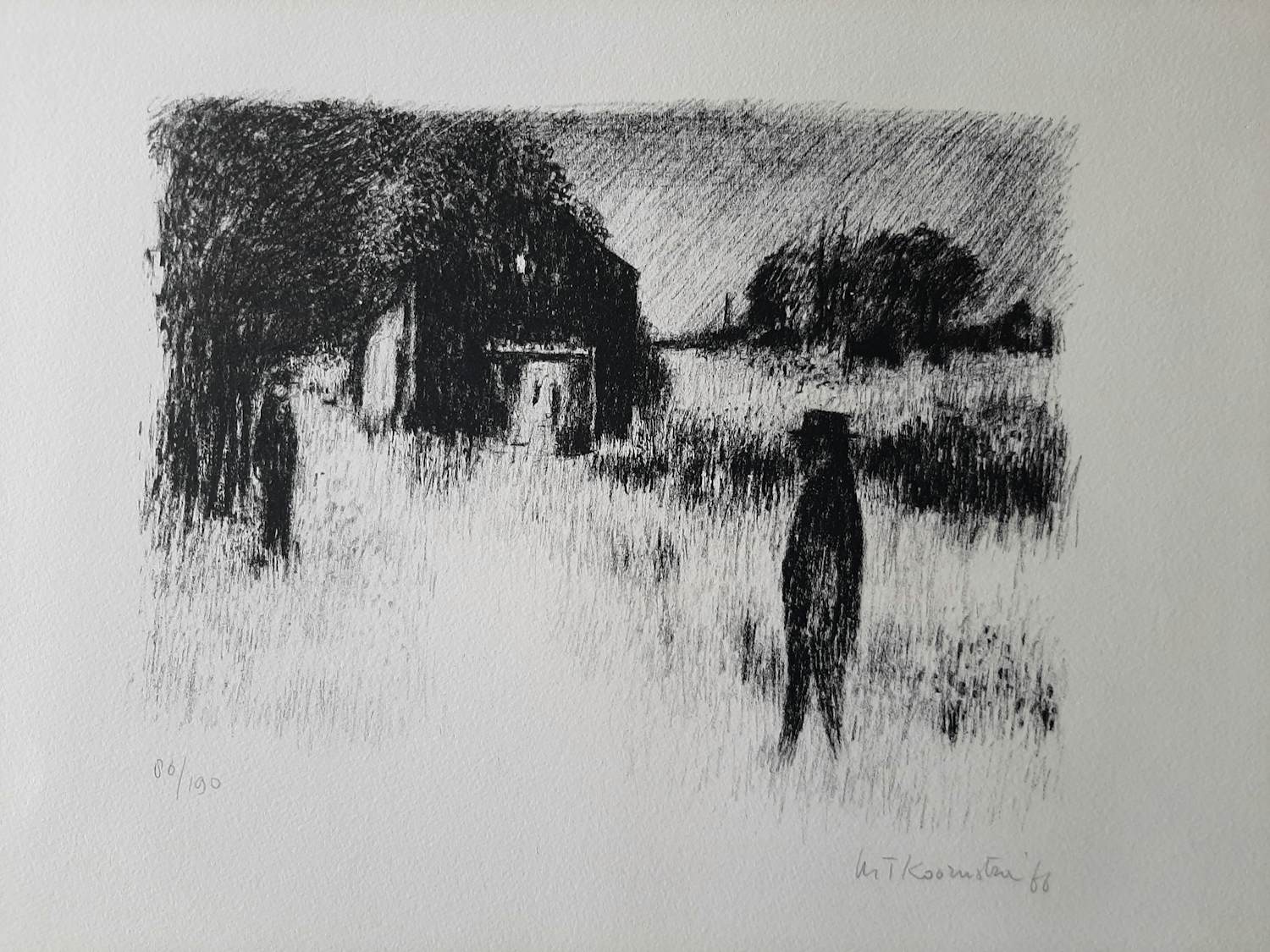 Metten Koornstra - Litho, Zonderlinge figuren op landweg. kopen? Bied vanaf 35!