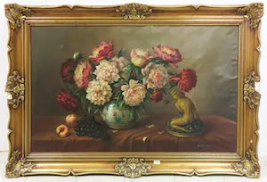 Niet of onleesbaar gesigneerd - Olieverf op doek, Bloemstilleven met beeld - Ingelijst (Zeer Groot) kopen? Bied vanaf 1!