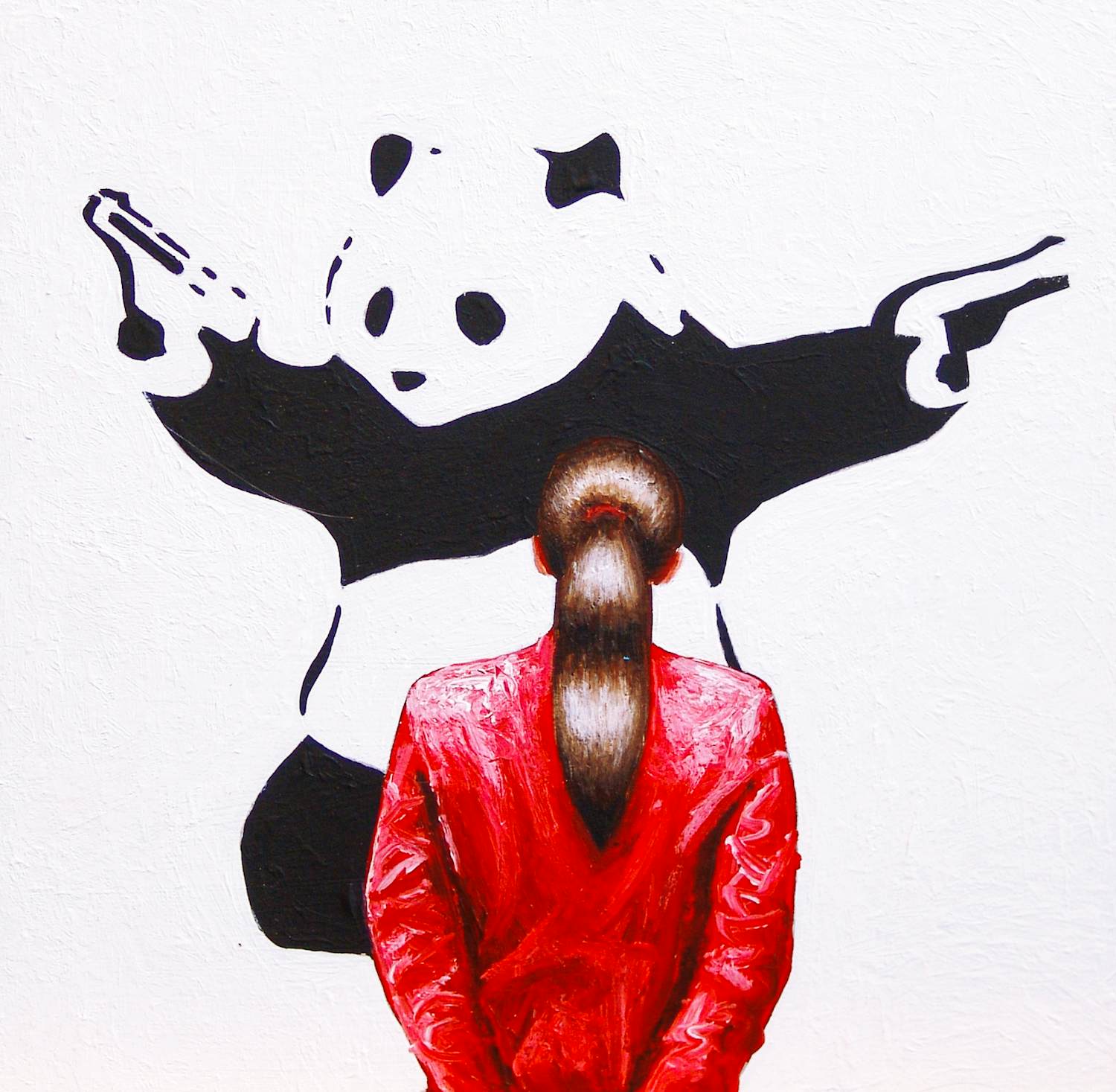 Gerard Boersma - Shooting Panda (Vrouw genietend van schilderij Banksy) kopen? Bied vanaf 125!