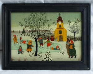 Renate Koblinger-Drobar - Achterglasschildering , Wintergezicht – gesigneerd & ingelijst – ca 1980 kopen? Bied vanaf 1!