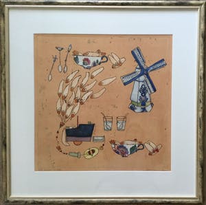 Ellen van Toor - het water van Delft | kleurenets met gemengde techniek kopen? Bied vanaf 65!