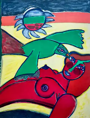 AcheterCorneille - Femme rouge et l’oiseau d’été, zeefdruk (mooi ingelijst, groot)? Enchérissez de 450!