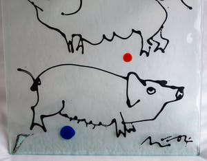 Niet of onleesbaar gesigneerd - 3 op Glas geschilderde werken, Fietsen, Koeien en Varkens - gesigneerd kopen? Bied vanaf 1!