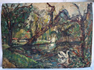 Niet of onleesbaar gesigneerd - Olieverf op doek , “Landschap met zwaan” kopen? Bied vanaf 1!