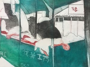 Sylvia Oudkerk - De slager in Lanzou | kleurenets - ingelijst kopen? Bied vanaf 35!