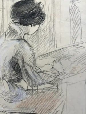 Leo Gestel - De vrouw van de kunstenaar aan het tekenen - met atelierstempel kopen? Bied vanaf 240!