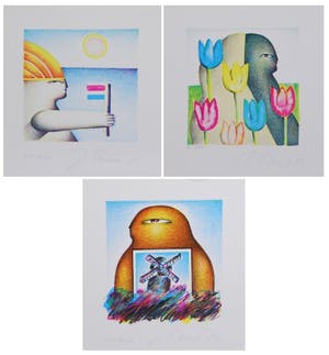 Jorg Reme - Drie handgesigneerde zeefdrukken: Figuur met molen, vlag, tulpen kopen? Bied vanaf 15!