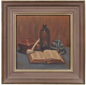 Niet of onleesbaar gesigneerd - Olieverf op board, Stilleven met boek - Ingelijst kopen? Bied vanaf 1!