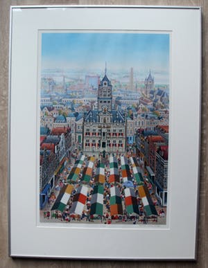 Maria-Anne Meier - Ingelijste zeefdruk: de Markt in Delft kopen? Bied vanaf 99!