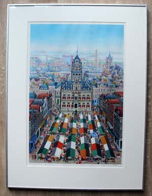 Maria-Anne Meier - Ingelijste zeefdruk: de Markt in Delft verkocht voor € 99!