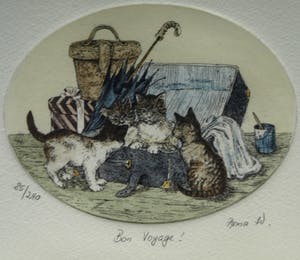 Niet of onleesbaar gesigneerd - 3 Ingelijste etsen met katten – gesigneerd Anna W. kopen? Bied vanaf 1!