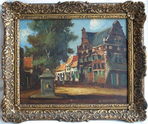 Niet of onleesbaar gesigneerd - Olieverf op paneel , Dorpsplein – gesigneerd & ingelijst - oud kopen? Bied vanaf 1!