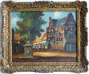 Niet of onleesbaar gesigneerd - Olieverf op paneel , Dorpsplein – gesigneerd & ingelijst - oud verkocht voor € 1!