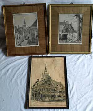 Johannes Elsinga - + Henriëtte Hubregtse-Lanzing : 3 Ingelijste prenten van Franeker, Friesland verkocht voor € 50!
