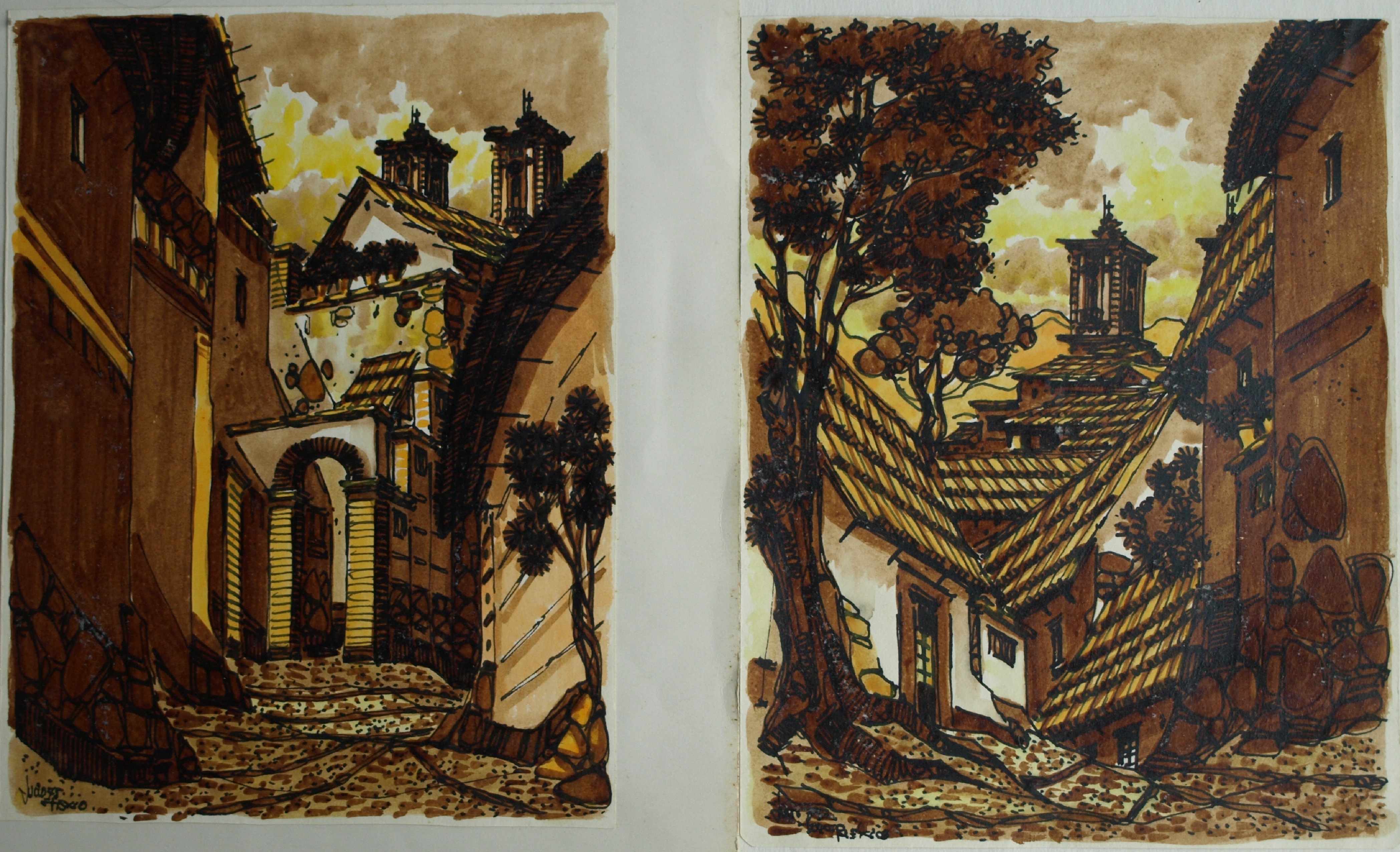 Niet of onleesbaar gesigneerd - 2 Aquarellen , Dorpsgezichten - gesigneerd kopen? Bied vanaf 1!