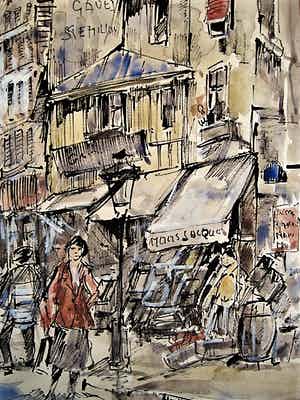 Michel Soutine - Frankrijk jaren 50 Grote Aquarel "Parijs- Rue Lalande st Denis" gesigneerd verkocht voor € 1!