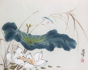 Wang Rong - Aquarel, Lotusbloem met vogel kopen? Bied vanaf 350!