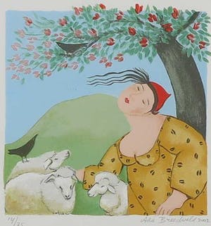 Ada Breedveld - Zeefdruk, Z.T. Vrouw met schaapjes - Ingelijst kopen? Bied vanaf 1!