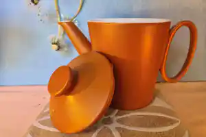 Kunstaardewerkfabriek Regina - theepot keramiek model Prince- oranje- 1958 verkocht voor € 30!