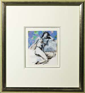 Bert van Zelm - Gouache en collage, Zittend naakt - Ingelijst verkocht voor € 40!