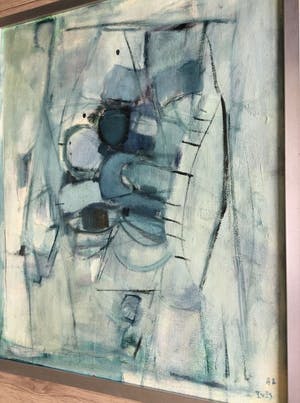 Iet van Es - Abstract schilderij in groen-blauw (ingelijst) kopen? Bied vanaf 125!