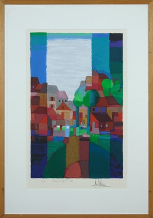 Ton Schulten - Zeefdruk, Dorp in 't groen - Ingelijst kopen? Bied vanaf 250!