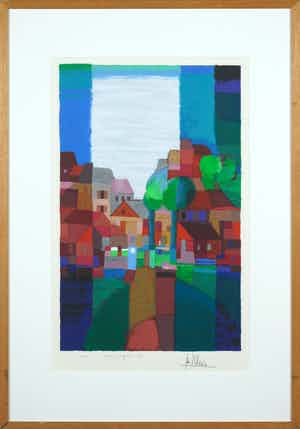 Ton Schulten - Zeefdruk, Dorp in 't groen - Ingelijst verkocht voor € 250!