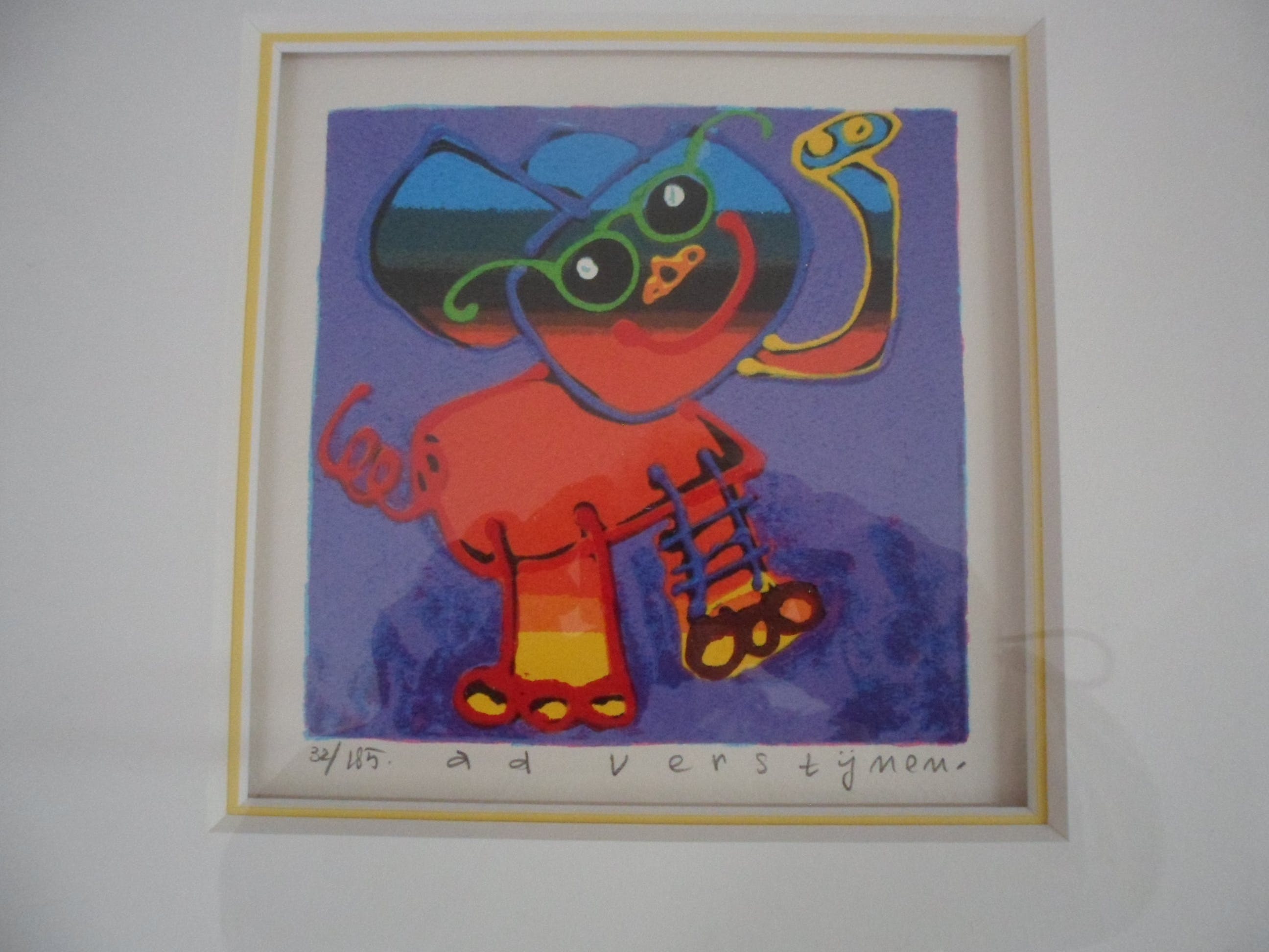 Ad Verstijnen - Zeefdruk, titel,"Olifant Olli met zonnebril". verkocht voor € 35!
