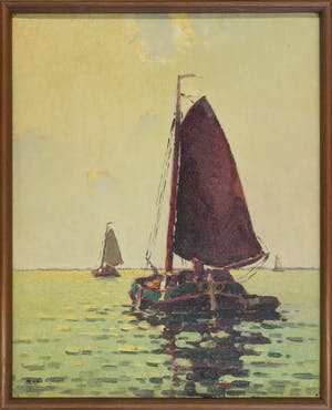 Arnout van Gilst - Olieverf op doek, Botters op een meer - Ingelijst kopen? Bied vanaf 1!