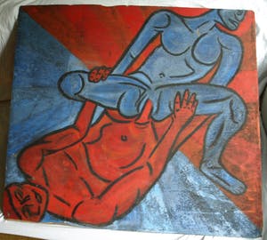 Niet of onleesbaar gesigneerd - Acrylverf op paneel , “Erotische voorstelling” – groot, 100 x 108 cm kopen? Bied vanaf 1!