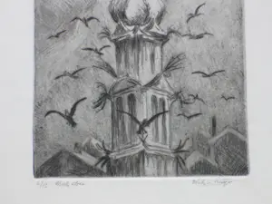Dick van Luijn - Vogels rond kerktoren - Ets kopen? Bied vanaf 45!