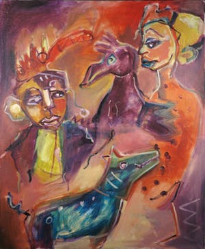 Christine Spierings - Olieverf op doek, z.t. Figuren met hond en vogel (Groot) kopen? Bied vanaf 1!