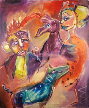 Christine Spierings - Olieverf op doek, z.t. Figuren met hond en vogel (Groot) verkocht voor € 1!