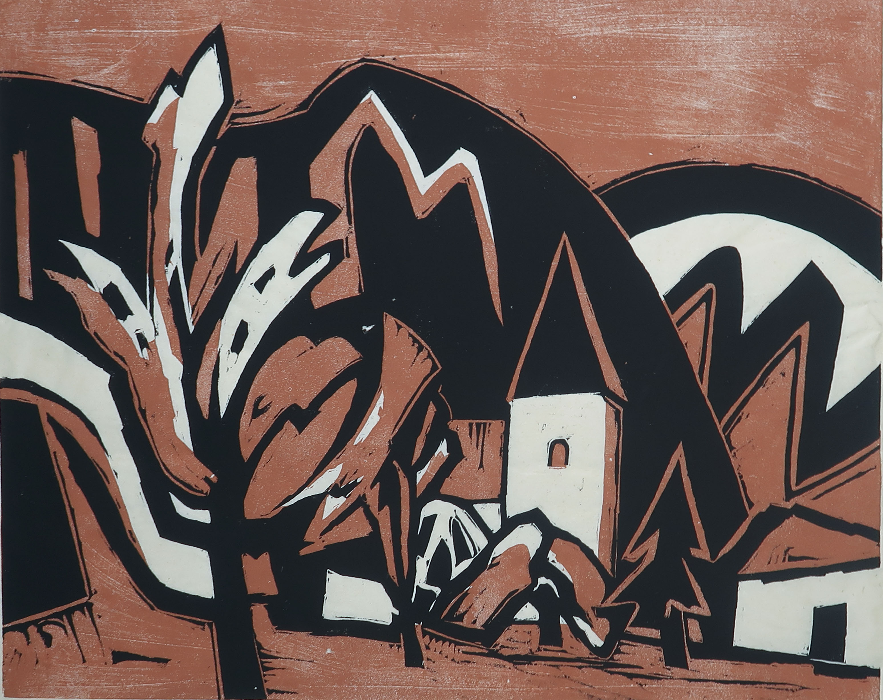 Niet of onleesbaar gesigneerd - Linosnede, Dorpsgezicht kopen? Bied vanaf 1!