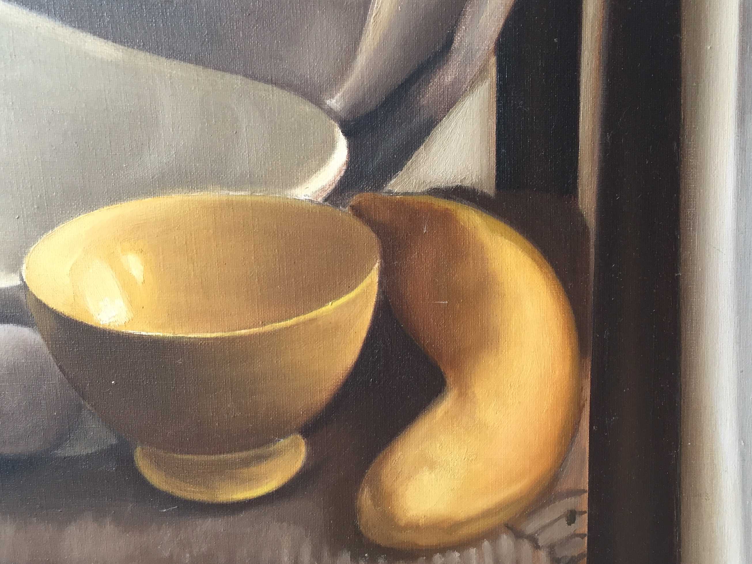 Kees Boendermaker - Stilleven (groot!) met eieren, banaan en schaal op rieten stoel kopen? Bied vanaf 650!