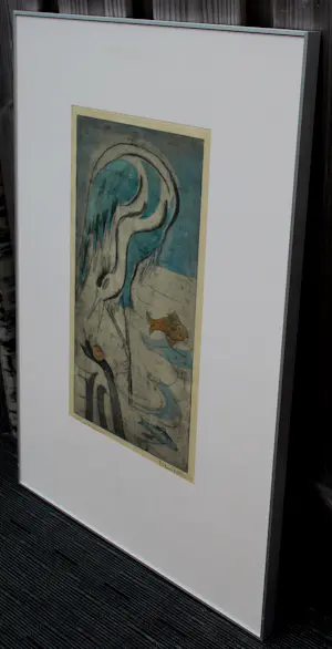 Jeanne Bieruma Oosting - Ingelijste ets/aquatint: Reiger, vis en slak ‘Le héron(de la Fontaine)' - 1952 kopen? Bied vanaf 495!
