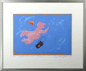 Wouter Stips - Zeefdruk, Vrije val met tasje - Ingelijst verkocht voor € 50!