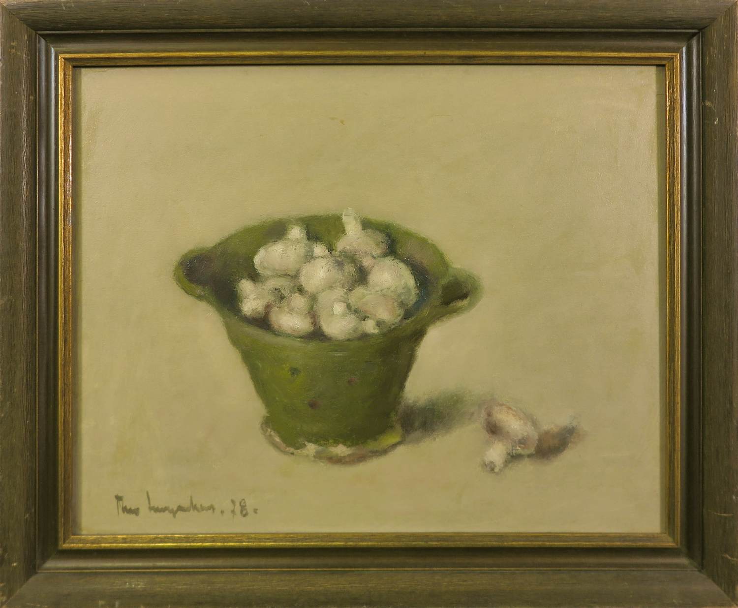 Theo Swagemakers - Olieverf op doek, Champignons in vergiet - Ingelijst verkocht voor € 250!