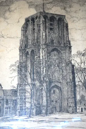 Johan Hemkes - Oldehove Leeuwarden - ets (1932) - mooi ingelijst kopen? Bied vanaf 50!