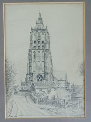 Niet of onleesbaar gesigneerd - Asperen, toren van de Catharinakerk. (1940) kopen? Bied vanaf 1!