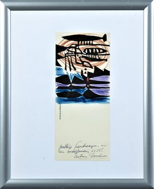Anton Rooskens - Nieuwjaarskaart - Gesigneerde Linoleumsnede en kleurpotlood 1955 kopen? Bied vanaf 150!