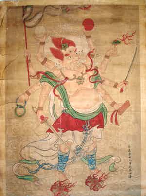 Niet of onleesbaar gesigneerd - Aquarel , “Toornige Bodhisattva” – 19e Eeuw – GROOT - Boeddhisme verkocht voor € 1!