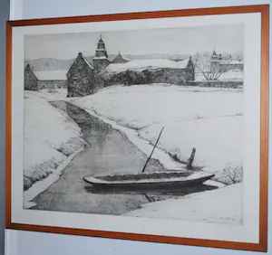 Willem Witjens - boot in sneeuwlandschap - ingelijste grote, heldere ets kopen? Bied vanaf 60!