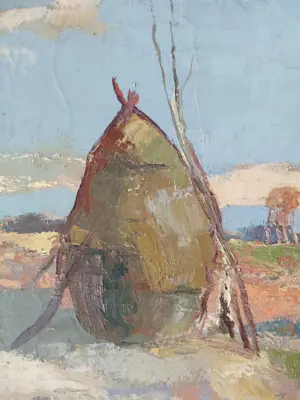 Luc Heirbaut - Boer en schapen met hooimijt in landschap kopen? Bied vanaf 125!