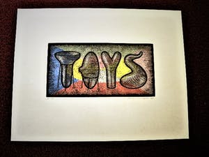 Jacomijn den Engelsen - Kleine Oplage (15 ex) originele PoP-Art Houtsnede "Toys" kopen? Bied vanaf 19!