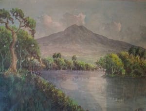 Niet of onleesbaar gesigneerd - Indonesisch landschap met uitzicht op berg kopen? Bied vanaf 10!