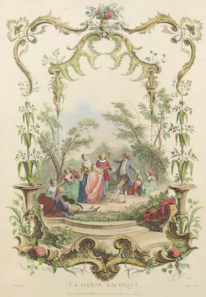 Gabriel Huquier - Handgekleurde kopergravure (naar Watteau), Lá Danse Bachique - Ingelijst kopen? Bied vanaf 35!