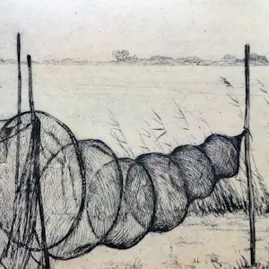 Johan Hemkes - ets Bij Balk - Visnet - ingelijst - 26075 kopen? Bied vanaf 75!