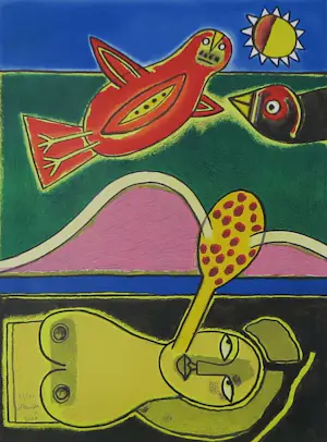 Corneille - Zeefdruk op geschept papier, L'oiseau rouge et femme nude - Ingelijst kopen? Bied vanaf 250!