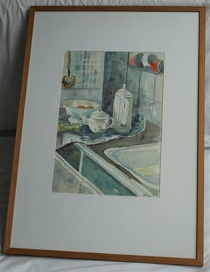 Buy Selma Berkelaar - Grote ingelijste aquarel , “Keukeninterieur” – 88 x 63 cm – ca 1975? Bid from 90!